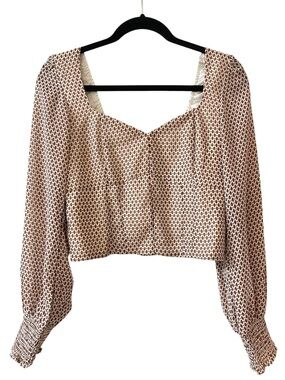 Abercrombie Cropped Brown and White Printed Long Sleeve Blouse Small